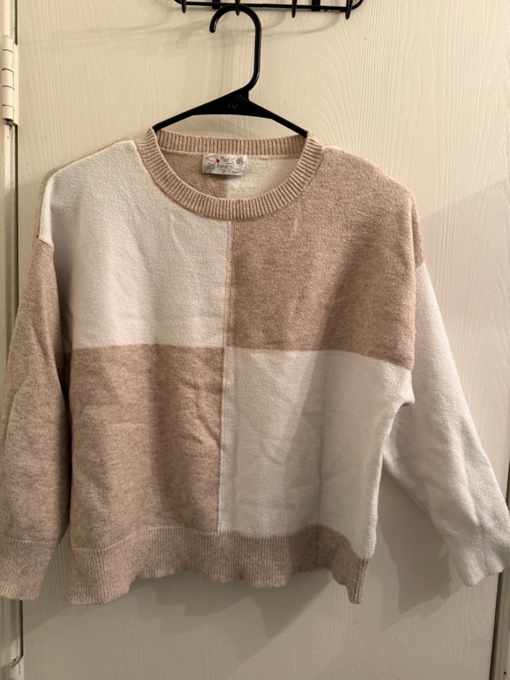 Beige and White Colorblock Crewneck Sweater